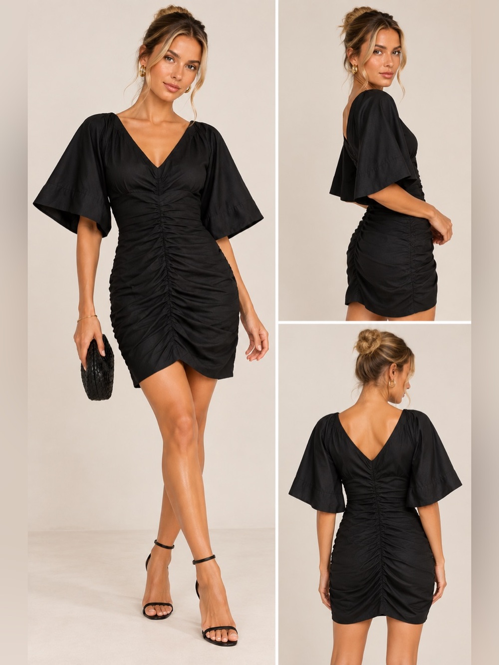 45.310$ Ganni Black Ruched V-Neck Midi Dress with Wide Sleeves - Picture 2 of 2
